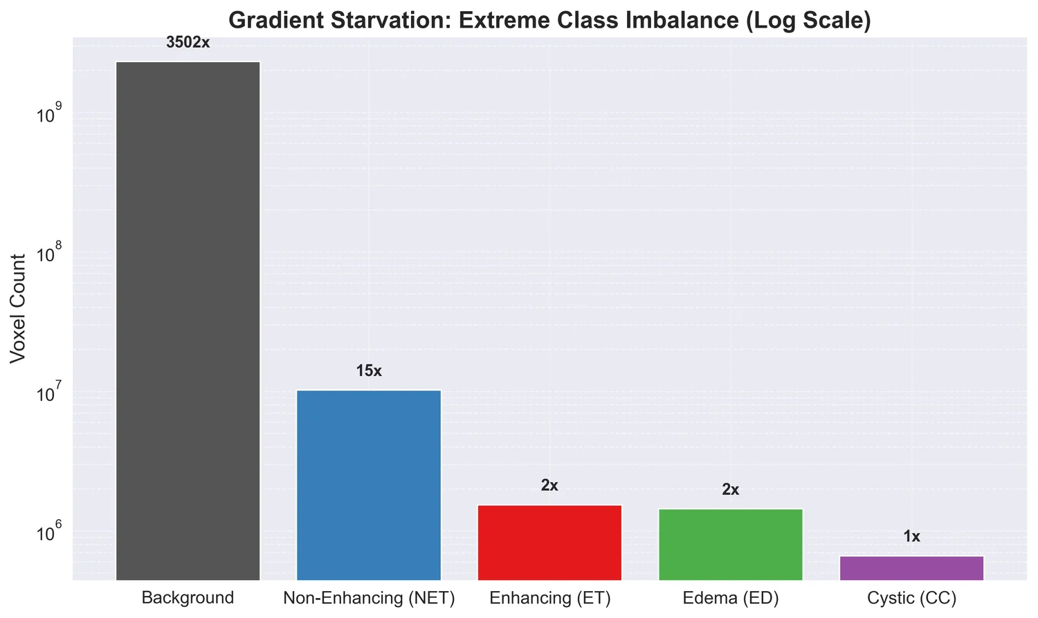 Log scale bar chart of class voxel counts